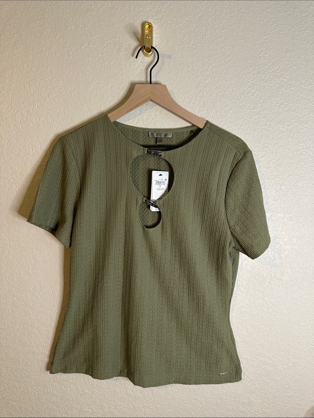 GUESS Valeria Cutout Hook Detail Ribbed Knit Top Olive Green XL NWT